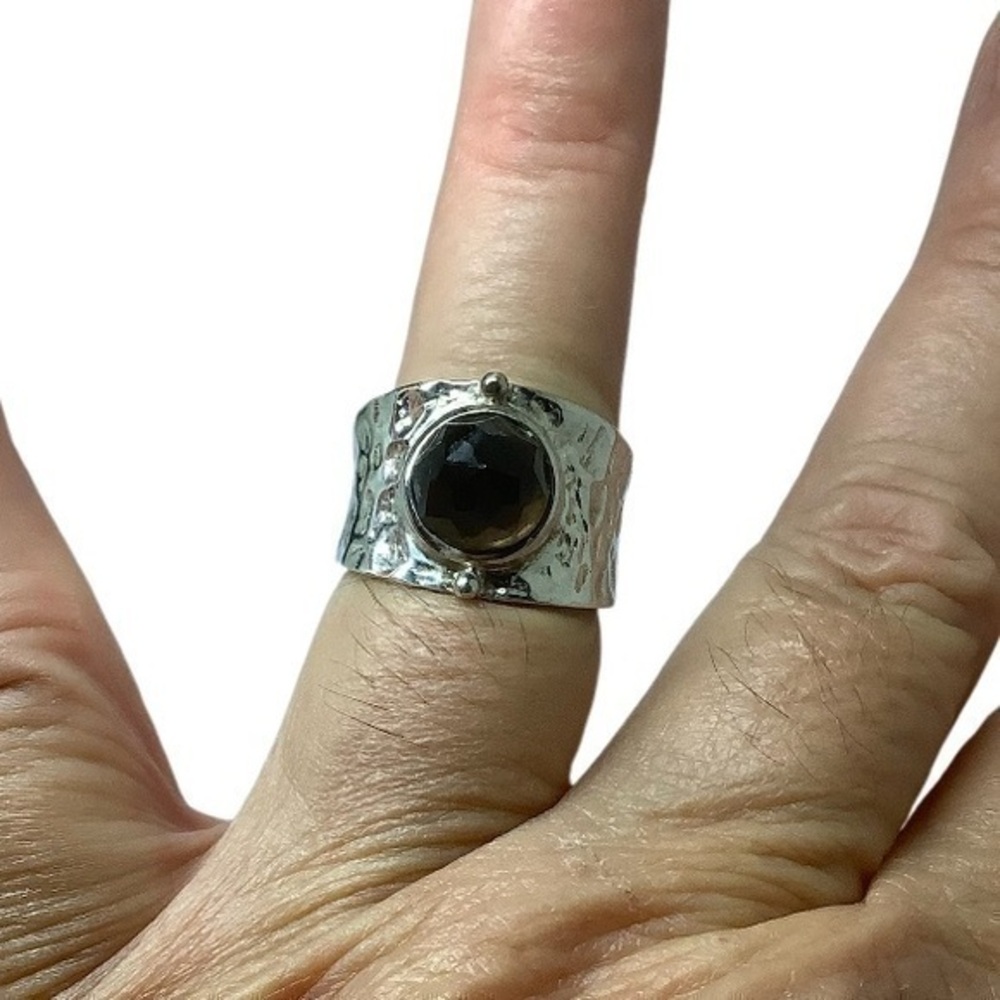 Sterling silver brown quartz wide band ring